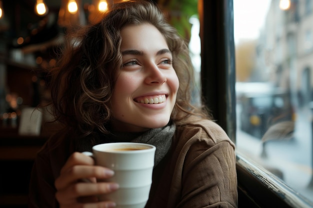 Portrait of smiling woman holding coffee cup at window