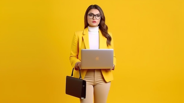 Portrait of smiling woman holding laptop against yellow background