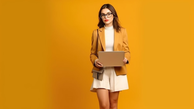 Portrait of smiling woman holding laptop against yellow background