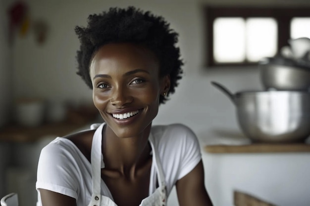 Portrait of a smiling woman in the kitchen of the home AI generation