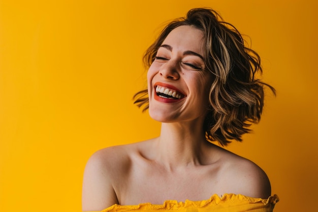 Portrait of smiling woman laughing on yellow background stock photo