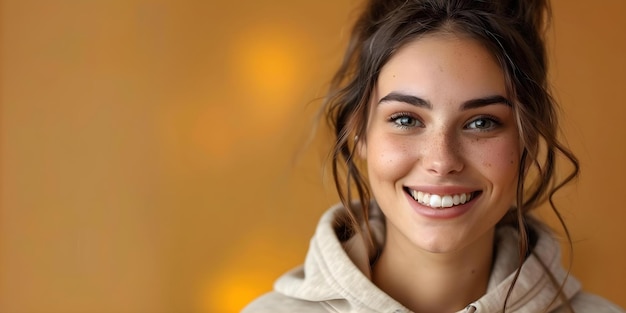 Photo portrait of a smiling woman in a light tan hoodie for ecommerce shot concept fashion photography ecommerce shoot hoodie campaign casual wear female portrait