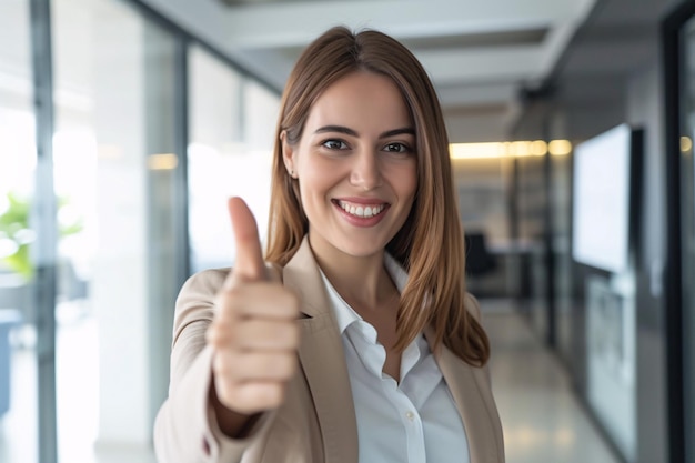 Portrait of smiling woman and manager of a company with thumbs up Good news