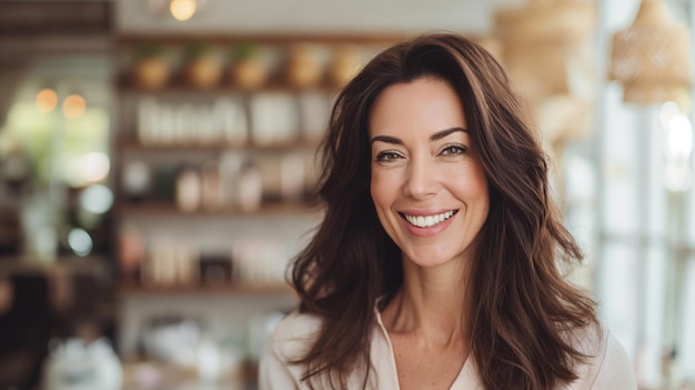 Portrait of smiling woman owner of beauty salon nail bar concept of the own small business