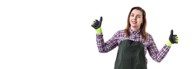 Portrait of smiling woman professional gardener or florist in apron isolated on white background Copy space