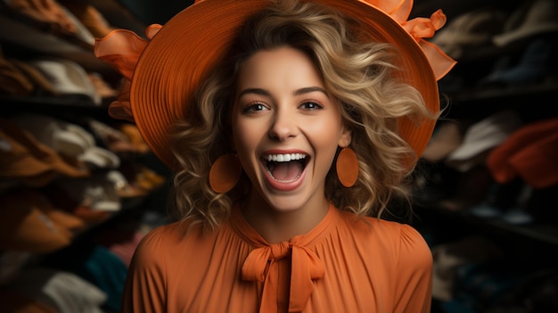 portrait of a smiling woman in a red coat and a shopping bag