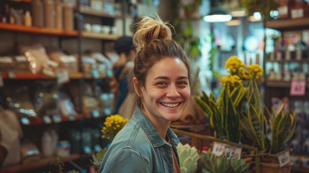 Photo portrait of a smiling woman in a shop