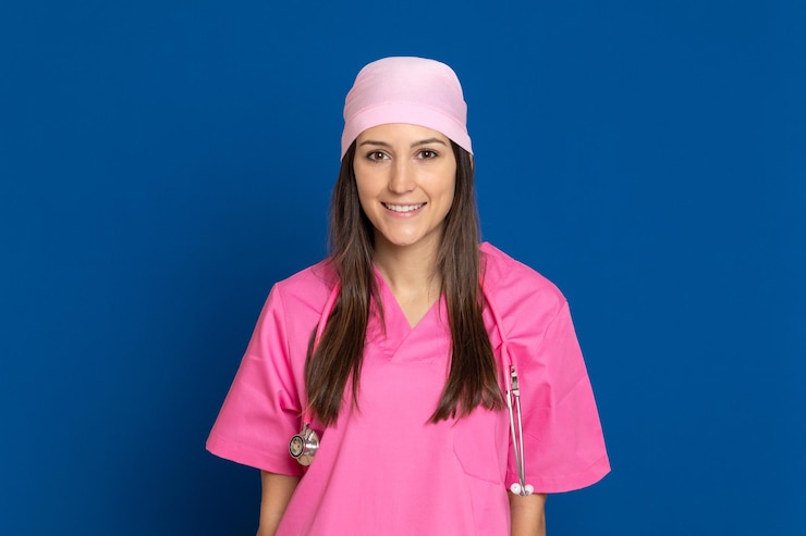 Photo portrait of smiling woman standing against blue background