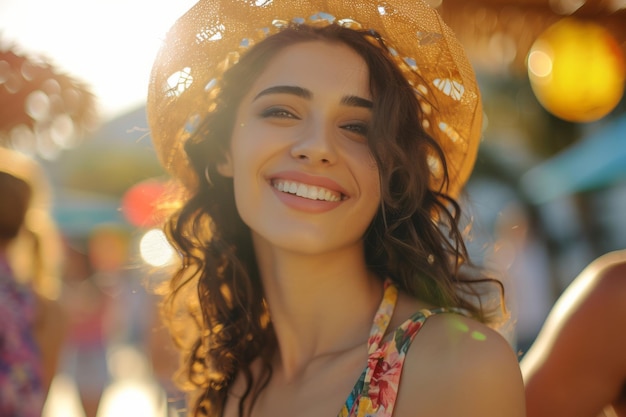 Портрет улыбающейся женщины в шляпе от солнца с мягким фоном и теплым солнечным светом, проникающим сквозь нее