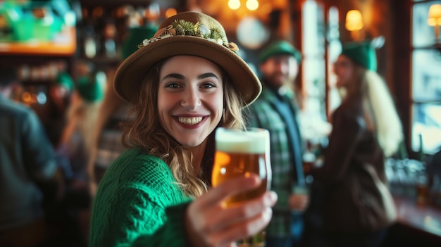 Portrait of smiling woman with beer celebrating St Patricks Day in pub St Patricks Day celebration