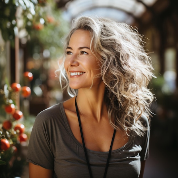 Portrait of a smiling woman with blonde hair in a greenhouse