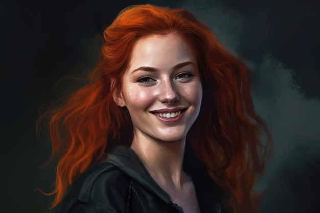 A portrait of a smiling woman with red hair and freckles.