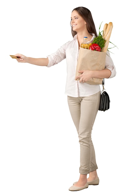 Portrait of a Smiling Woman with Shopping Bag Handing Credit Card