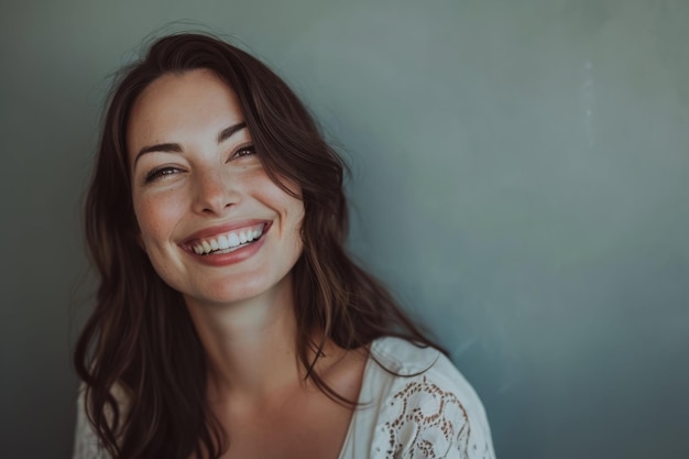 Portrait of a smiling woman with a subtle gaze against a muted green background