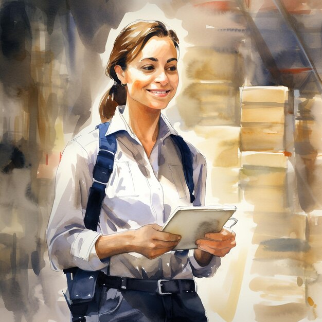 portrait of a smiling woman with a tablet for checking