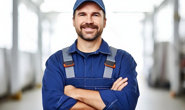 Portrait of smiling worker in blue uniform isolated on white background