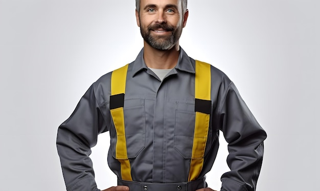 Portrait of smiling worker in gray uniform isolated on white background