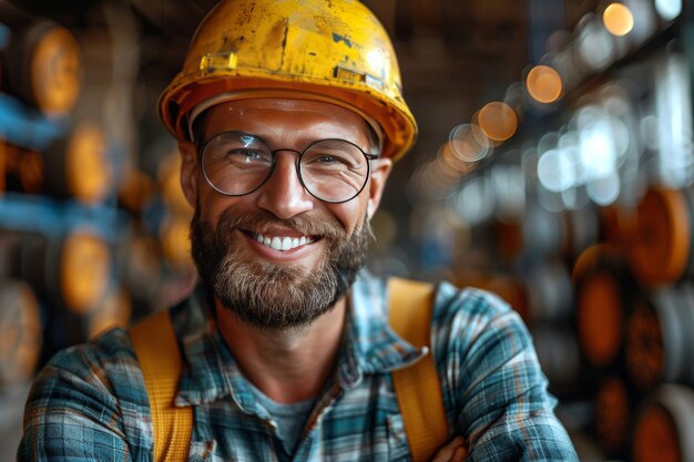 Photo portrait of a smiling worker in a hardhat and glasses