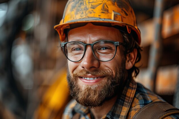 Portrait of a smiling worker in a hardhat and glasses