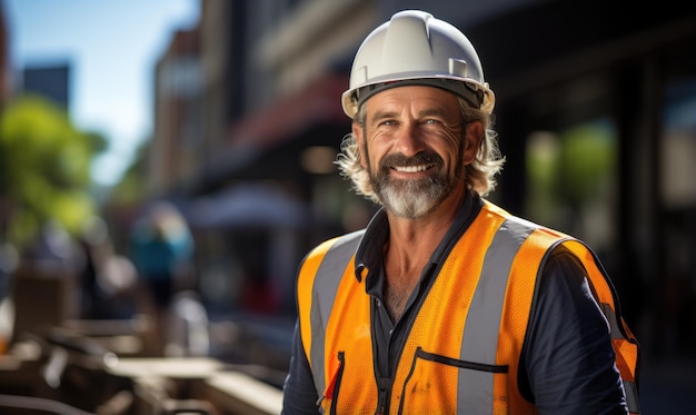 Портрет улыбающегося рабочего в шлеме Инженер-мужчина в защитном жилете и каске стоит на производстве или строительной площадке Положительные эмоции хорошая работа