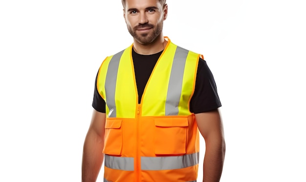 Portrait of smiling worker in a reflective vest isolated on white background