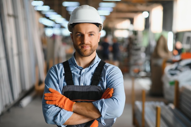 Foto ritratto di lavoratore sorridente in piedi dalla macchina di produzione industriale