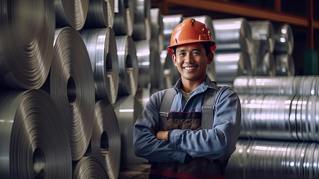 Portrait of Smiling worker with Rolls of galvanized steel sheet inside the factory or warehouse Generative Ai