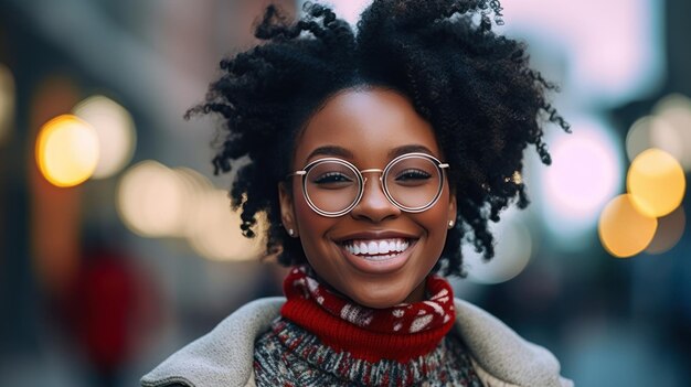 Portrait of a smiling young african american woman wearing glasses in the city