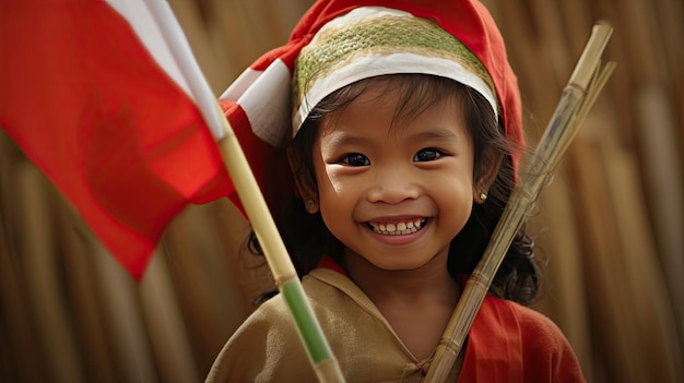 Portrait of smiling young asian boy with indonesia flag and colors celebrating the independence day