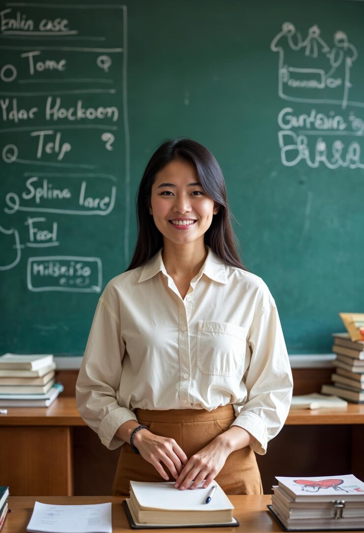 Portrait Smiling Young Asian Female Teacher Classroom Background Chalkboard Education Knowledge Back To School Teacher Appreciation College University Professor Instructor Teaching Learning Studying