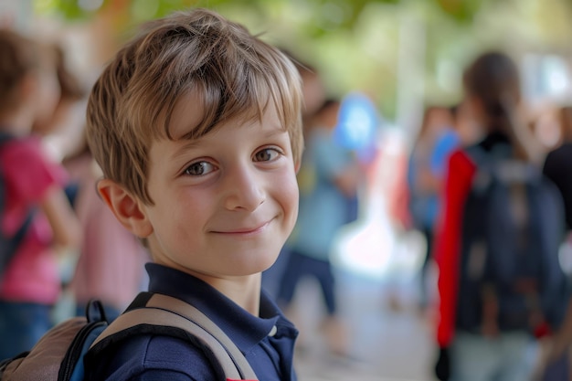 Портрет улыбающегося мальчика с рюкзаком, стоящего на переполненном школьном дворе