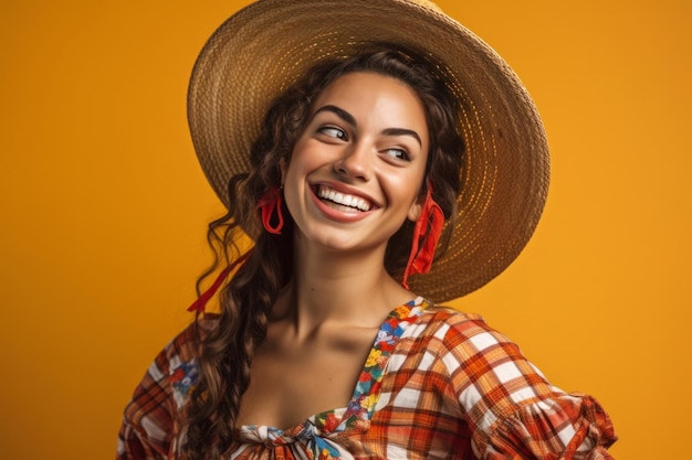 Portrait of a smiling young brazilian woman in straw hat looking at camera isolated over yellow background Ai generated