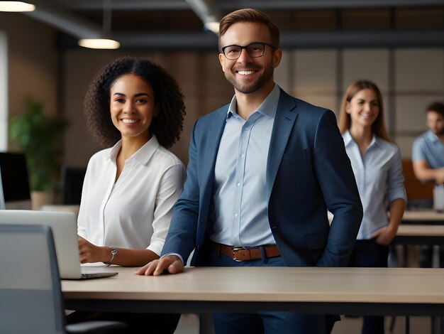 Portrait of smiling young businessman and businesswoman working together in office