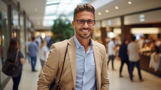 Photo portrait of a smiling young businessman in glasses standing in a shopping mall