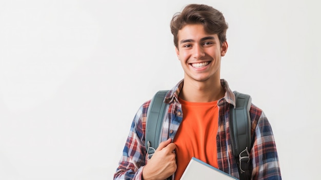 Foto ritratto di un giovane studente universitario sorridente con libri e zaino su uno sfondo bianco