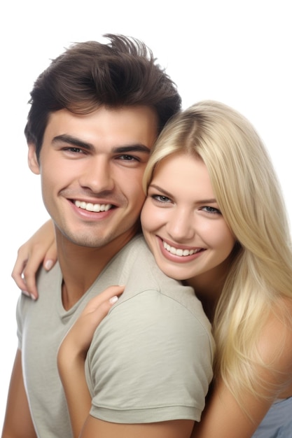 白い背景に抱きしめ合っている笑顔の若い夫婦の肖像画