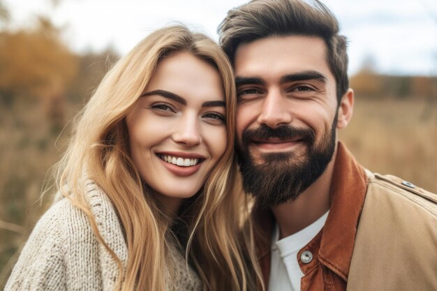 Portrait of a smiling young couple enjoying a day outside in nature created with generative ai