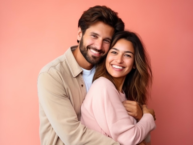 Портрет улыбающейся молодой пары на розовом фоне