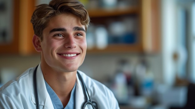 Portrait of a smiling young doctor outdoors with a copy space