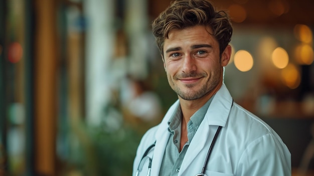 Portrait of a smiling young doctor outdoors with a copy space