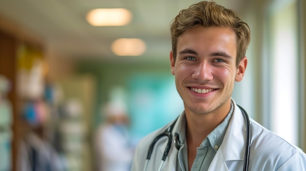 Портрет улыбающегося молодого врача на открытом воздухе с копировальным пространством