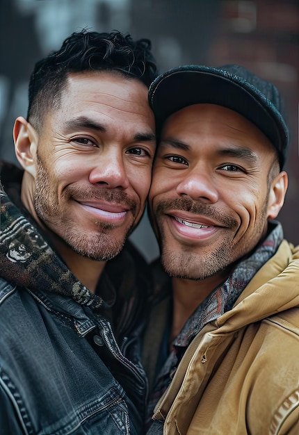 portrait of a smiling young gay couple of different ethnicity concept love