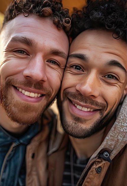 portrait of a smiling young gay couple of different ethnicity concept love