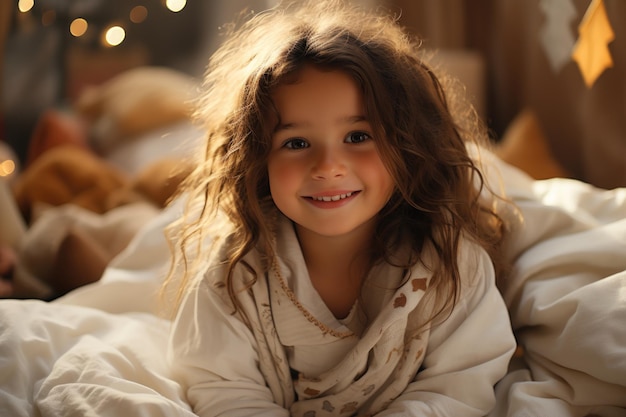 Photo portrait of smiling young girl in bed with warm lighting indoor lifestyle photography