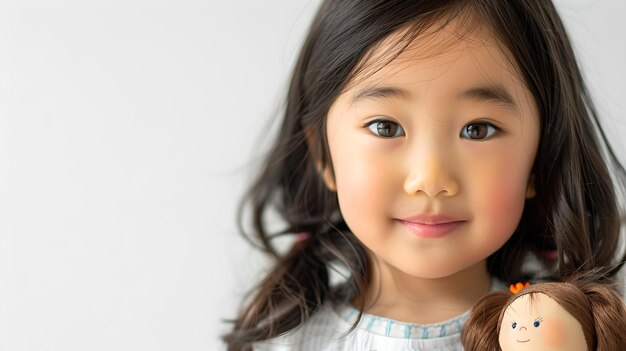 Photo portrait of a smiling young girl holding a doll capturing childhood innocence and joy studio shot simple background perfect for family content ai