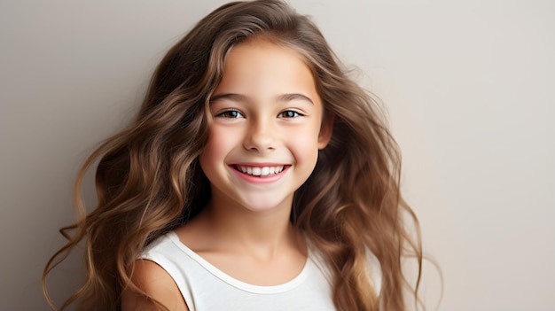 Портрет улыбающейся молодой девушки с длинными каштановыми волосами