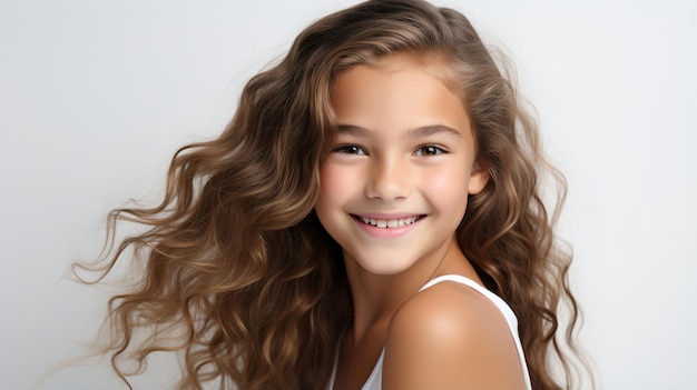 긴 갈색 머리카락 을 가진 미소 짓는 젊은 소녀 의 초상화