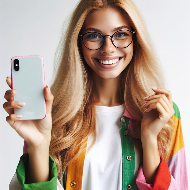 Portrait of a smiling young girl with a smartphone in her hand on a white background