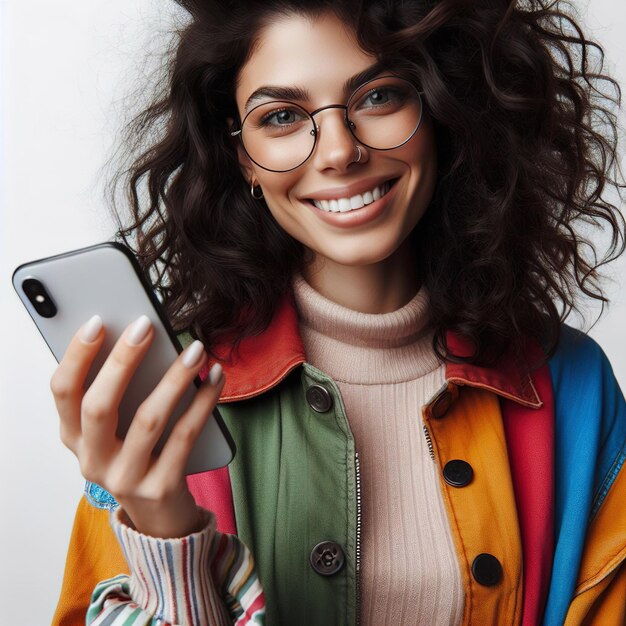 Portrait of a smiling young girl with a smartphone in her hand on a white background