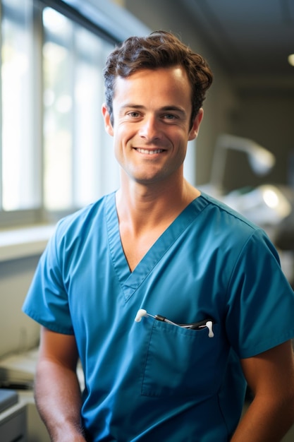 Portrait of a smiling young male doctor in blue scrubs